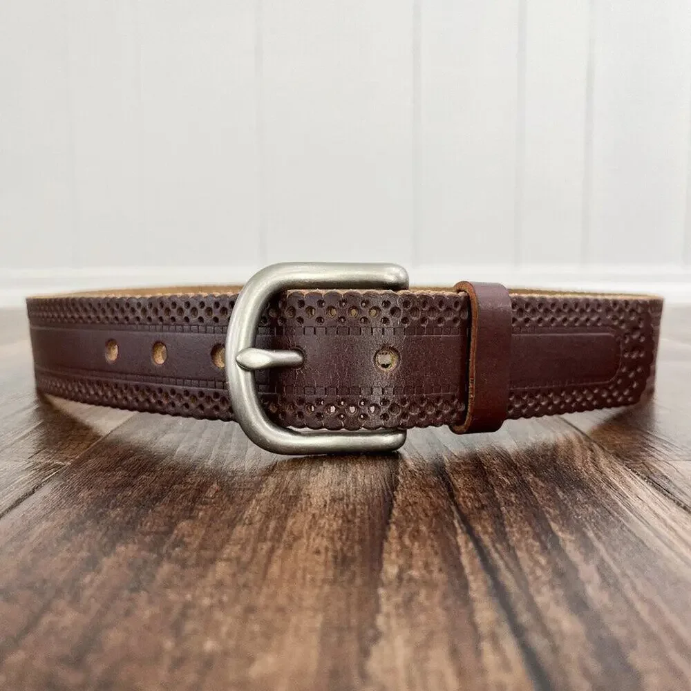 Laser Cut Belt Scallop Edge Solid Brass Buckle Bonded Leather Size Medium Brown